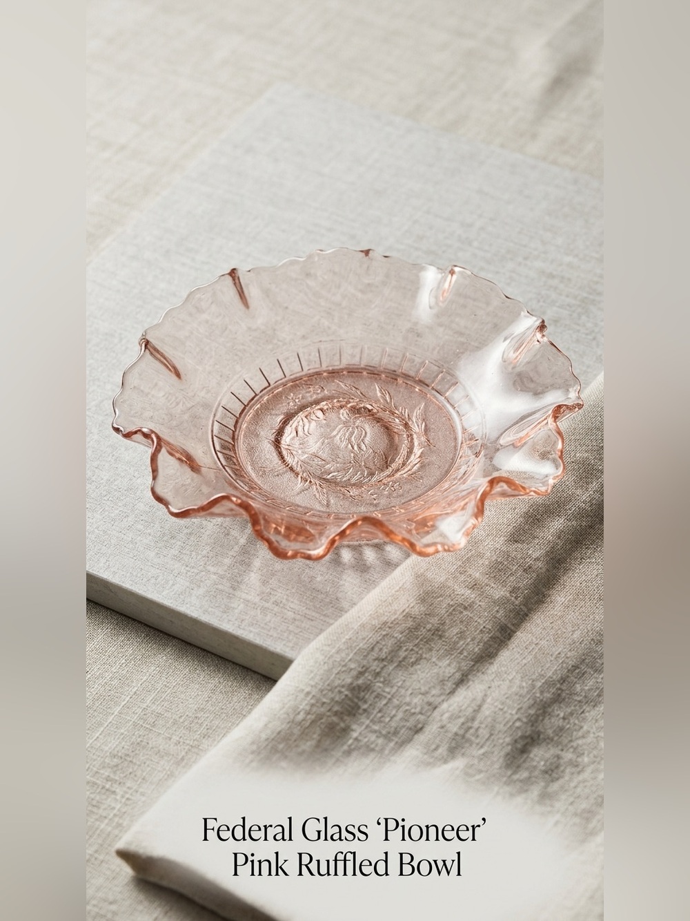 Vintage Federal Glass Pioneer Pink Ruffled Bowl Fruit Pattern Depression Style